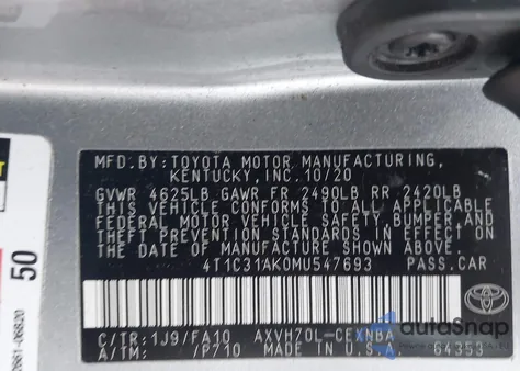 2021 Toyota Camry Le Hybrid from USA, damaged, VIN 4T1C31AK0MU547693